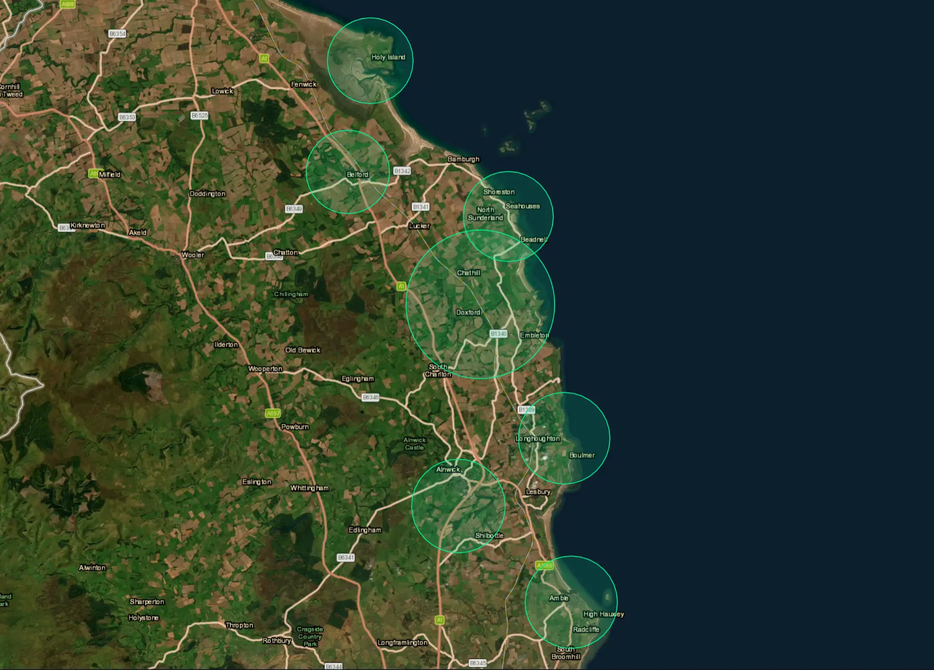 Map showing target sensor hosting areas along the Northumberland coast