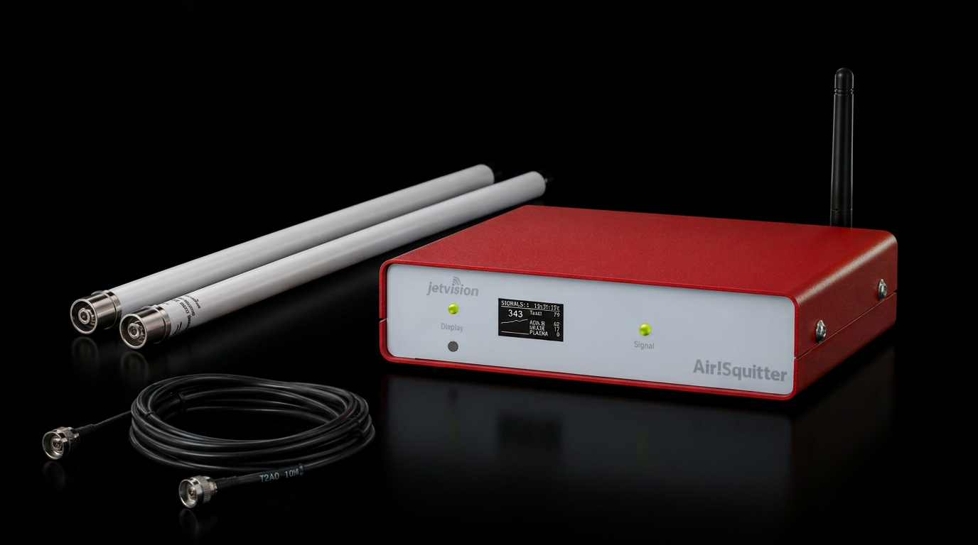 Jetvision AirSquitter flight-tracking receiver with dual antennas and coaxial cable