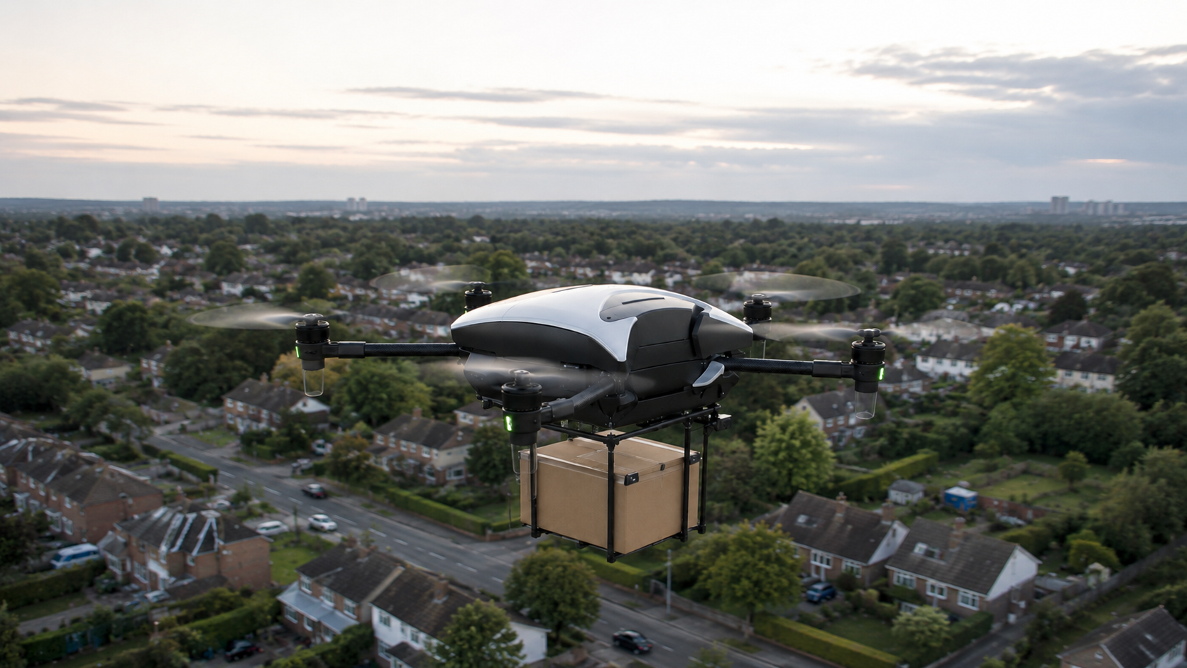 Delivery drone carrying a package and flying over a residential area